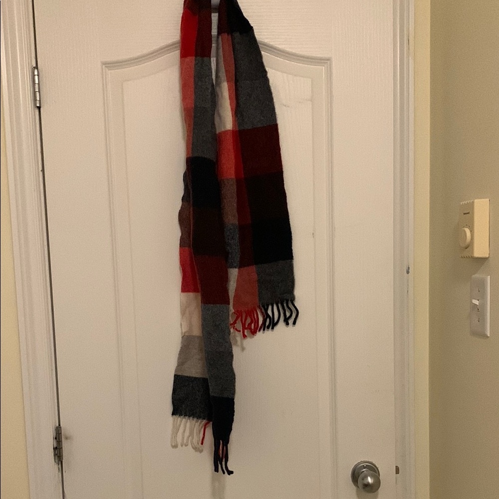 Plaid Scarf with Red, Black, and Gray 100% Wool